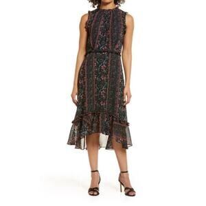 Julia Jordan Floral Ruffle Midi Dress Sleeveless High Neck Black Size 4